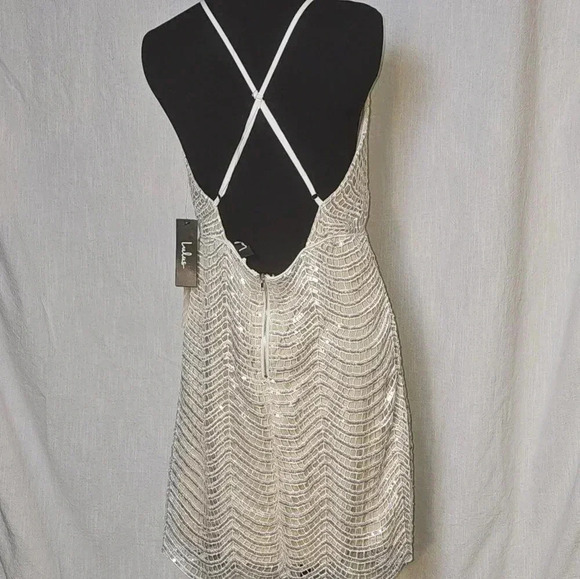 Lulus Tan and Silver Sequin CrissCross Adjustable Straps Mini Dress Sz L - Picture 7 of 12
